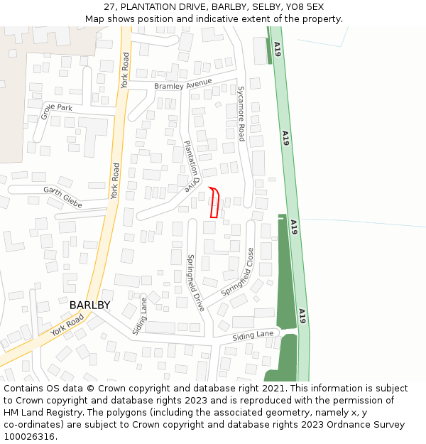 27, PLANTATION DRIVE, BARLBY, SELBY, YO8 5EX: Location map and indicative extent of plot