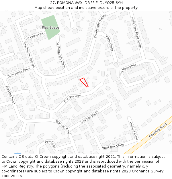 27, POMONA WAY, DRIFFIELD, YO25 6YH: Location map and indicative extent of plot