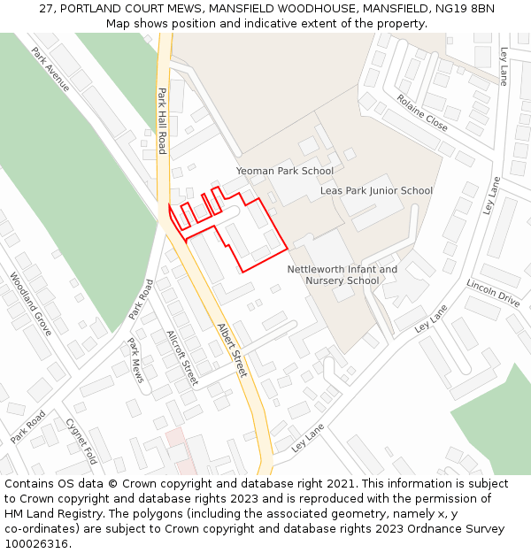 27, PORTLAND COURT MEWS, MANSFIELD WOODHOUSE, MANSFIELD, NG19 8BN: Location map and indicative extent of plot