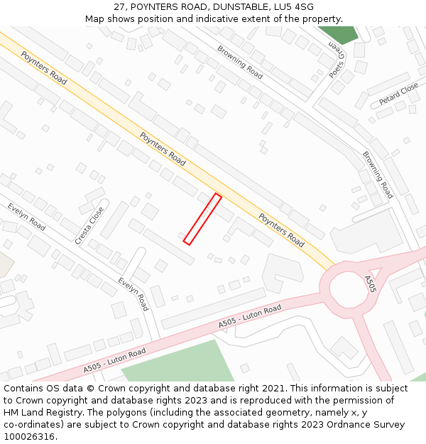 27, POYNTERS ROAD, DUNSTABLE, LU5 4SG: Location map and indicative extent of plot