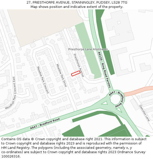 27, PRIESTHORPE AVENUE, STANNINGLEY, PUDSEY, LS28 7TG: Location map and indicative extent of plot