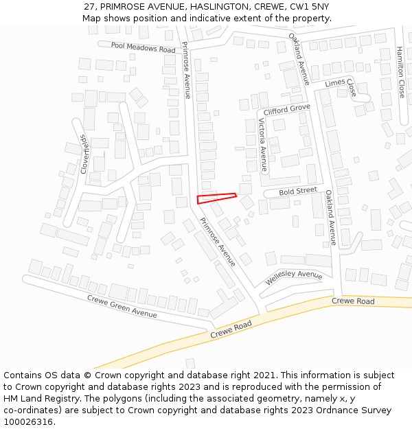 27, PRIMROSE AVENUE, HASLINGTON, CREWE, CW1 5NY: Location map and indicative extent of plot