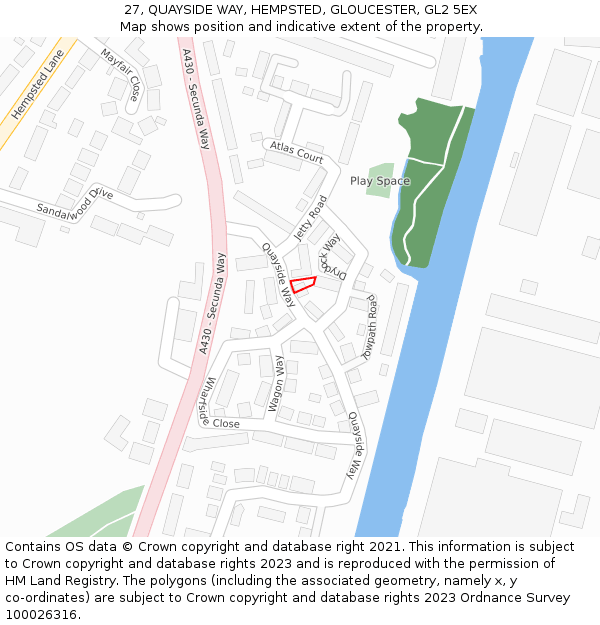 27, QUAYSIDE WAY, HEMPSTED, GLOUCESTER, GL2 5EX: Location map and indicative extent of plot