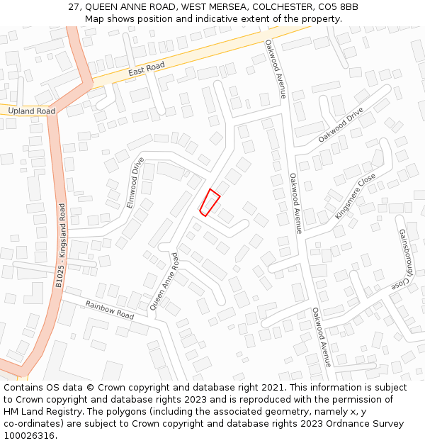 27, QUEEN ANNE ROAD, WEST MERSEA, COLCHESTER, CO5 8BB: Location map and indicative extent of plot