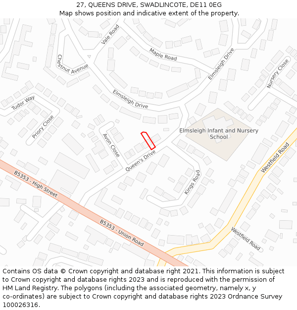27, QUEENS DRIVE, SWADLINCOTE, DE11 0EG: Location map and indicative extent of plot