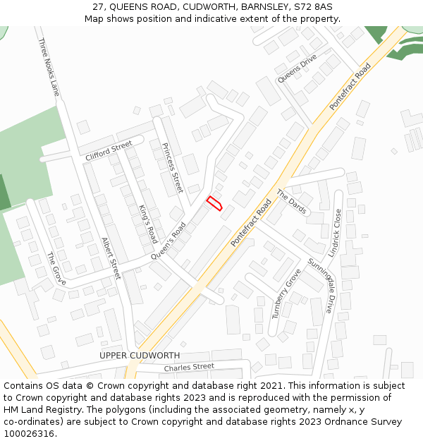 27, QUEENS ROAD, CUDWORTH, BARNSLEY, S72 8AS: Location map and indicative extent of plot