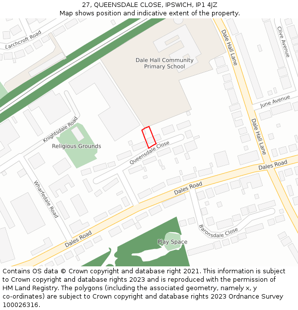 27, QUEENSDALE CLOSE, IPSWICH, IP1 4JZ: Location map and indicative extent of plot