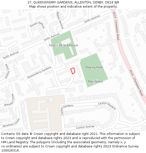 27, QUEENSFERRY GARDENS, ALLENTON, DERBY, DE24 9JR: Location map and indicative extent of plot