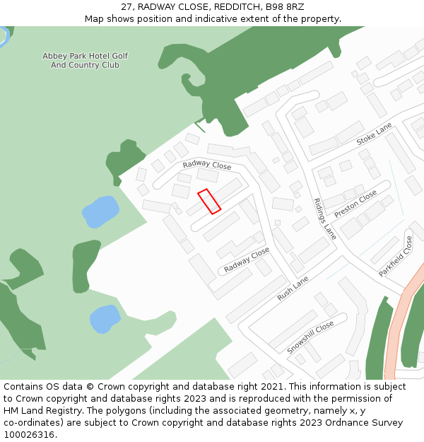 27, RADWAY CLOSE, REDDITCH, B98 8RZ: Location map and indicative extent of plot