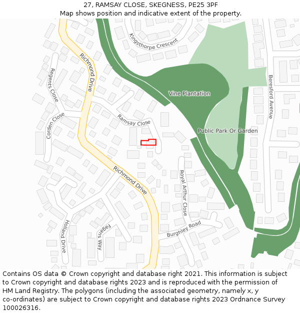 27, RAMSAY CLOSE, SKEGNESS, PE25 3PF: Location map and indicative extent of plot