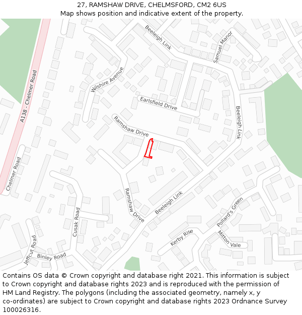 27, RAMSHAW DRIVE, CHELMSFORD, CM2 6US: Location map and indicative extent of plot