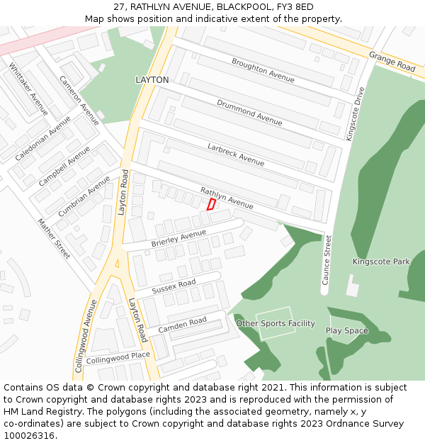 27, RATHLYN AVENUE, BLACKPOOL, FY3 8ED: Location map and indicative extent of plot