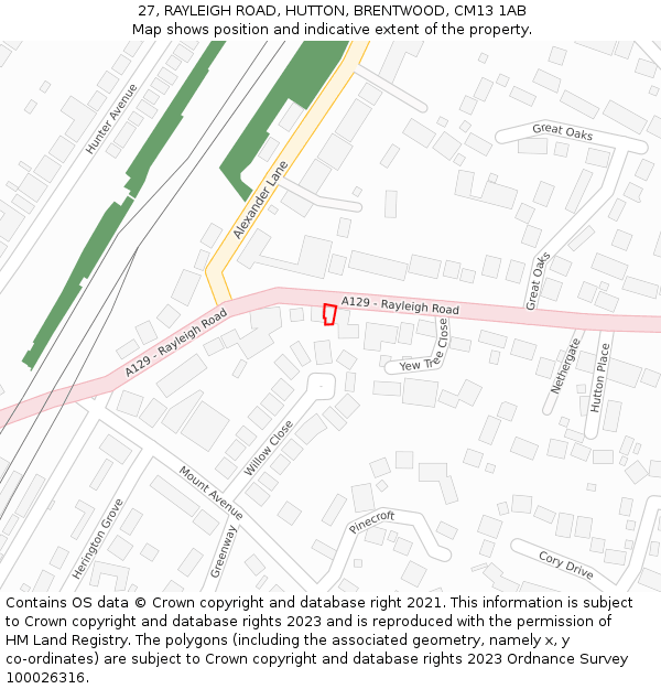 27, RAYLEIGH ROAD, HUTTON, BRENTWOOD, CM13 1AB: Location map and indicative extent of plot