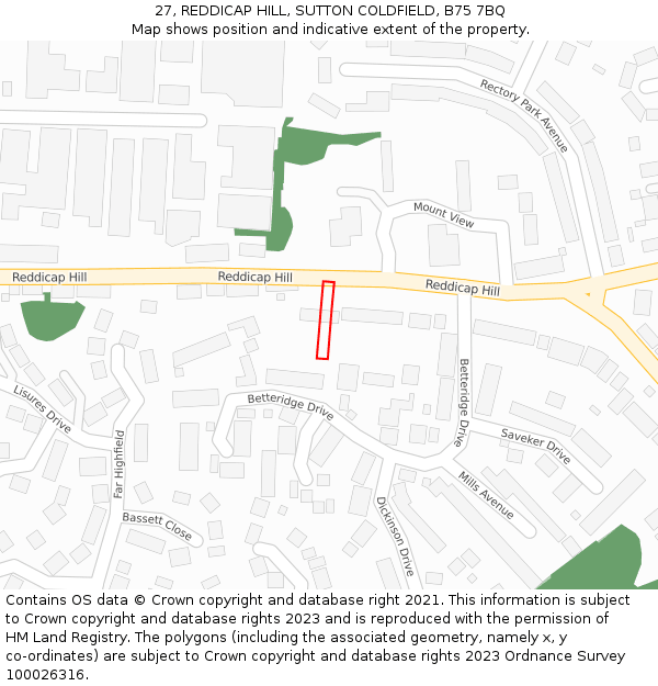 27, REDDICAP HILL, SUTTON COLDFIELD, B75 7BQ: Location map and indicative extent of plot