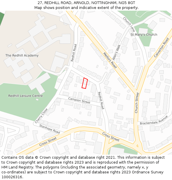 27, REDHILL ROAD, ARNOLD, NOTTINGHAM, NG5 8GT: Location map and indicative extent of plot