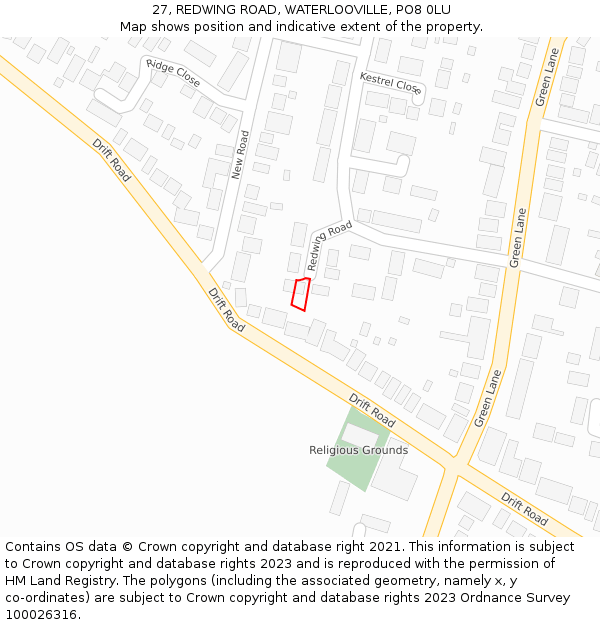 27, REDWING ROAD, WATERLOOVILLE, PO8 0LU: Location map and indicative extent of plot