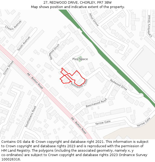 27, REDWOOD DRIVE, CHORLEY, PR7 3BW: Location map and indicative extent of plot