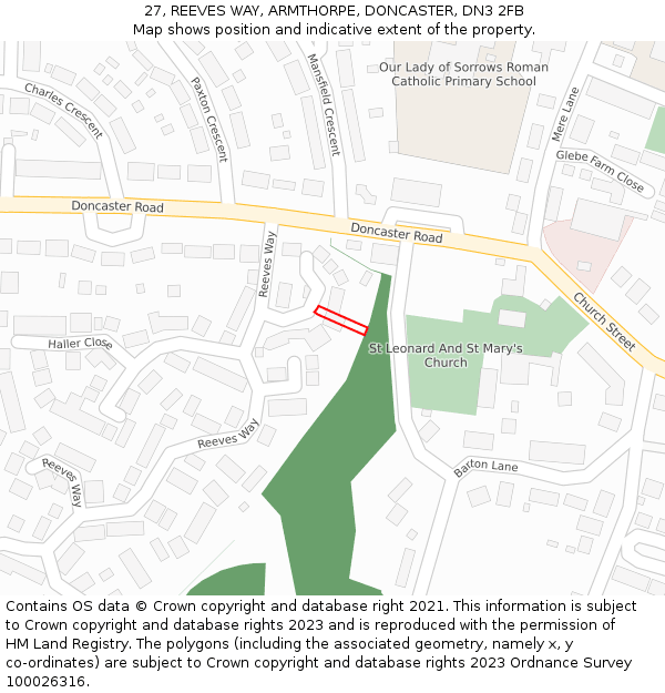 27, REEVES WAY, ARMTHORPE, DONCASTER, DN3 2FB: Location map and indicative extent of plot
