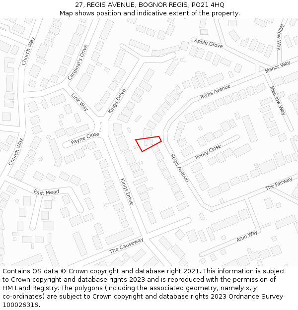 27, REGIS AVENUE, BOGNOR REGIS, PO21 4HQ: Location map and indicative extent of plot