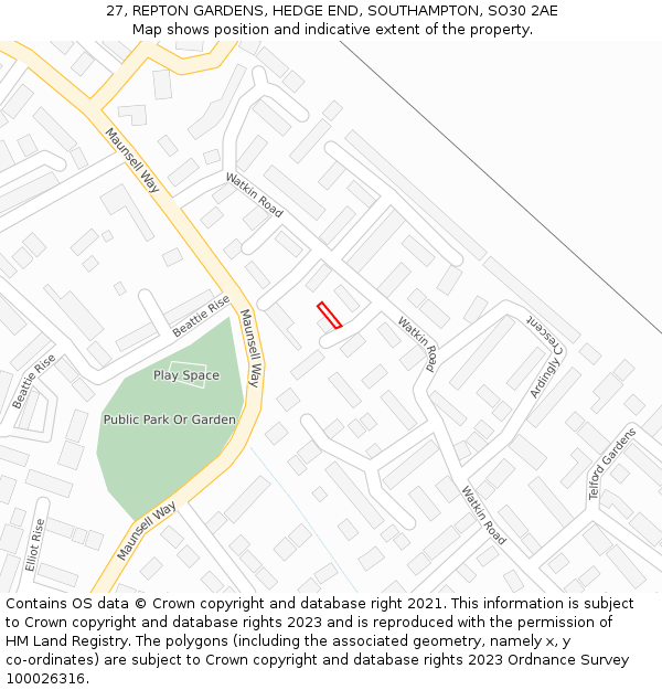 27, REPTON GARDENS, HEDGE END, SOUTHAMPTON, SO30 2AE: Location map and indicative extent of plot