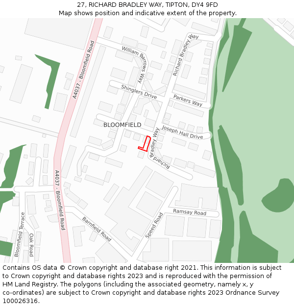 27, RICHARD BRADLEY WAY, TIPTON, DY4 9FD: Location map and indicative extent of plot