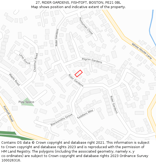 27, RIDER GARDENS, FISHTOFT, BOSTON, PE21 0BL: Location map and indicative extent of plot