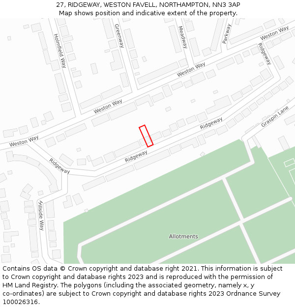 27, RIDGEWAY, WESTON FAVELL, NORTHAMPTON, NN3 3AP: Location map and indicative extent of plot