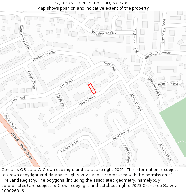 27, RIPON DRIVE, SLEAFORD, NG34 8UF: Location map and indicative extent of plot