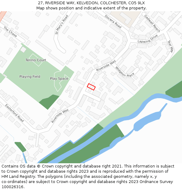 27, RIVERSIDE WAY, KELVEDON, COLCHESTER, CO5 9LX: Location map and indicative extent of plot