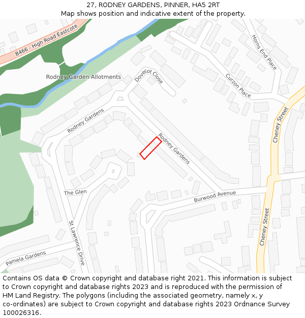 27, RODNEY GARDENS, PINNER, HA5 2RT: Location map and indicative extent of plot