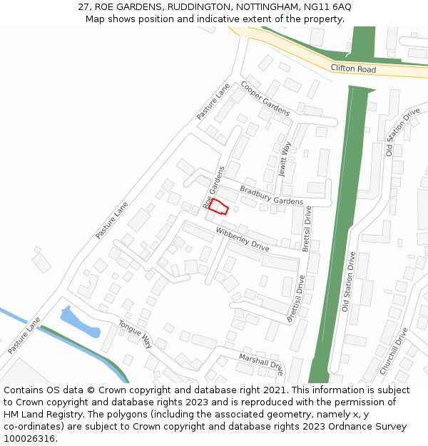 27, ROE GARDENS, RUDDINGTON, NOTTINGHAM, NG11 6AQ: Location map and indicative extent of plot