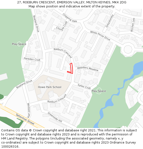 27, ROEBURN CRESCENT, EMERSON VALLEY, MILTON KEYNES, MK4 2DG: Location map and indicative extent of plot