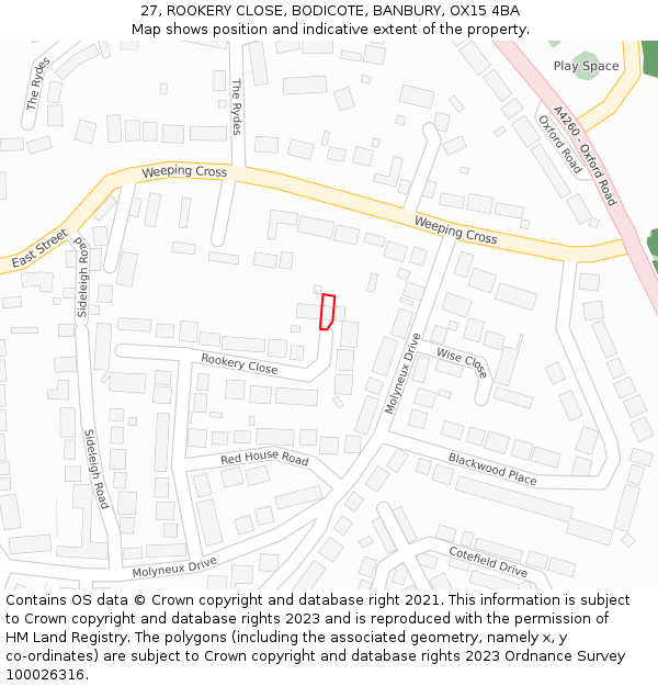 27, ROOKERY CLOSE, BODICOTE, BANBURY, OX15 4BA: Location map and indicative extent of plot