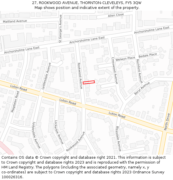 27, ROOKWOOD AVENUE, THORNTON-CLEVELEYS, FY5 3QW: Location map and indicative extent of plot