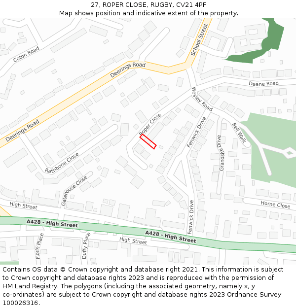 27, ROPER CLOSE, RUGBY, CV21 4PF: Location map and indicative extent of plot