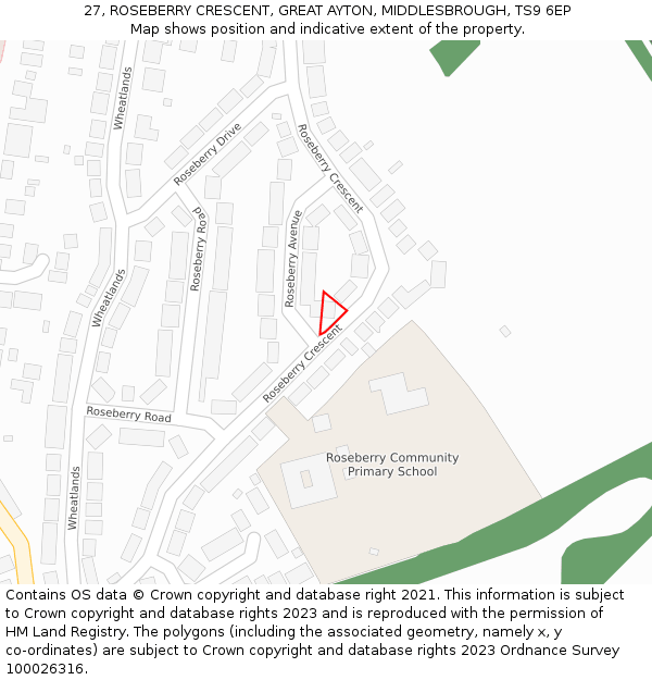 27, ROSEBERRY CRESCENT, GREAT AYTON, MIDDLESBROUGH, TS9 6EP: Location map and indicative extent of plot