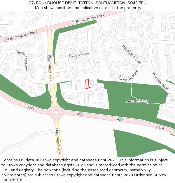 27, ROUNDHOUSE DRIVE, TOTTON, SOUTHAMPTON, SO40 7EU: Location map and indicative extent of plot