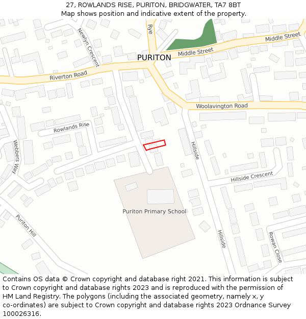 27, ROWLANDS RISE, PURITON, BRIDGWATER, TA7 8BT: Location map and indicative extent of plot