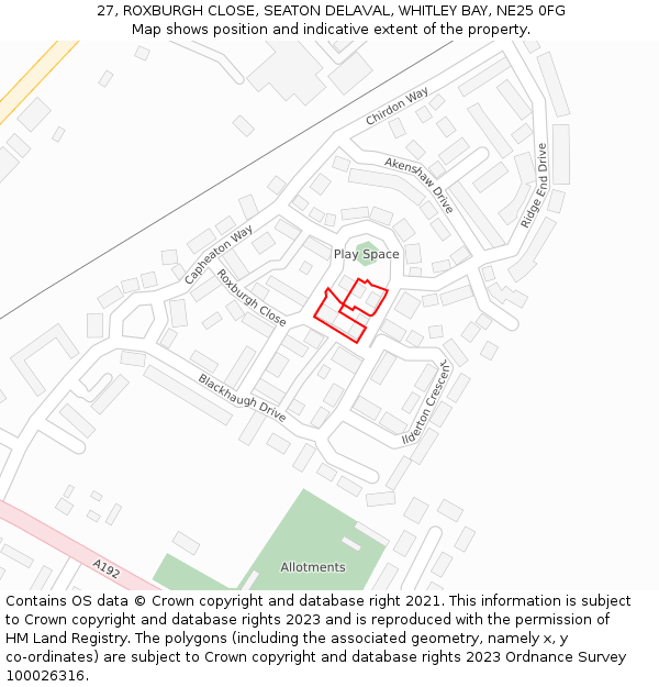 27, ROXBURGH CLOSE, SEATON DELAVAL, WHITLEY BAY, NE25 0FG: Location map and indicative extent of plot