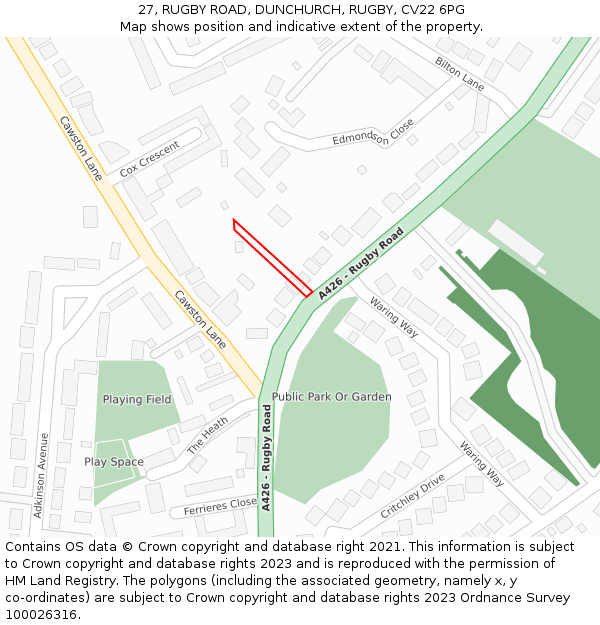 27, RUGBY ROAD, DUNCHURCH, RUGBY, CV22 6PG: Location map and indicative extent of plot