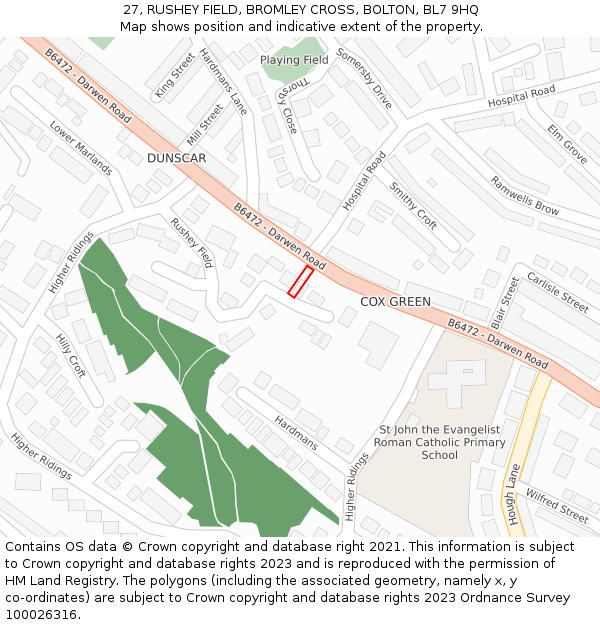 27, RUSHEY FIELD, BROMLEY CROSS, BOLTON, BL7 9HQ: Location map and indicative extent of plot