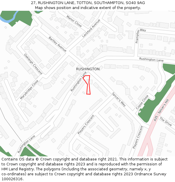 27, RUSHINGTON LANE, TOTTON, SOUTHAMPTON, SO40 9AG: Location map and indicative extent of plot