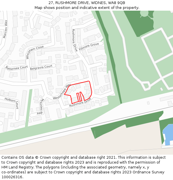 27, RUSHMORE DRIVE, WIDNES, WA8 9QB: Location map and indicative extent of plot