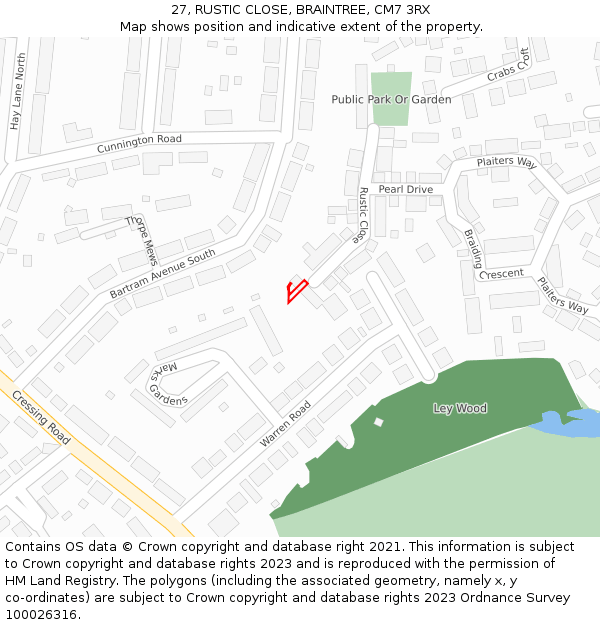 27, RUSTIC CLOSE, BRAINTREE, CM7 3RX: Location map and indicative extent of plot