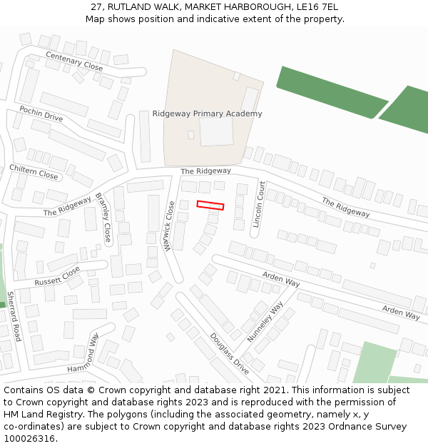 27, RUTLAND WALK, MARKET HARBOROUGH, LE16 7EL: Location map and indicative extent of plot