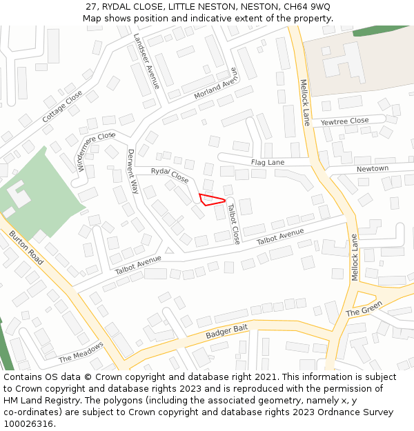 27, RYDAL CLOSE, LITTLE NESTON, NESTON, CH64 9WQ: Location map and indicative extent of plot