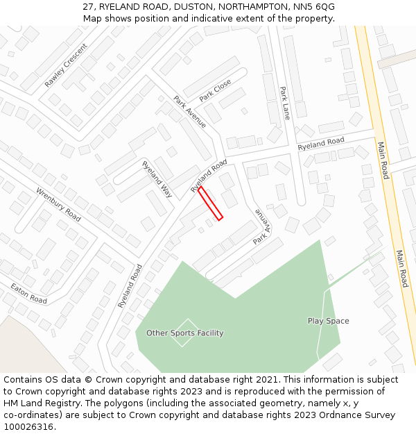 27, RYELAND ROAD, DUSTON, NORTHAMPTON, NN5 6QG: Location map and indicative extent of plot