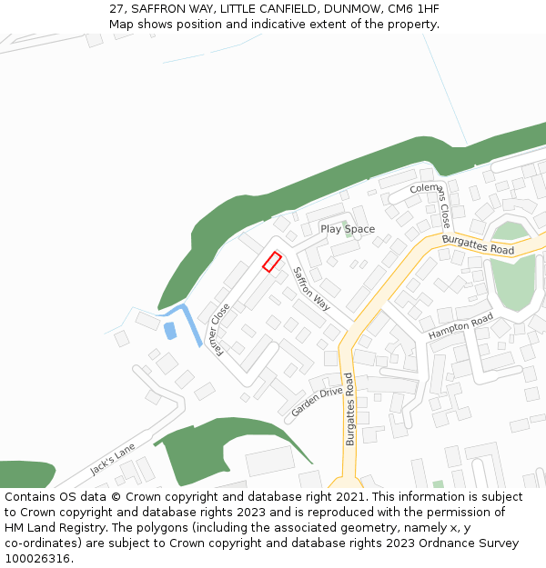 27, SAFFRON WAY, LITTLE CANFIELD, DUNMOW, CM6 1HF: Location map and indicative extent of plot