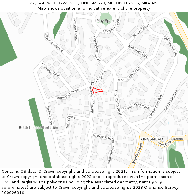 27, SALTWOOD AVENUE, KINGSMEAD, MILTON KEYNES, MK4 4AF: Location map and indicative extent of plot