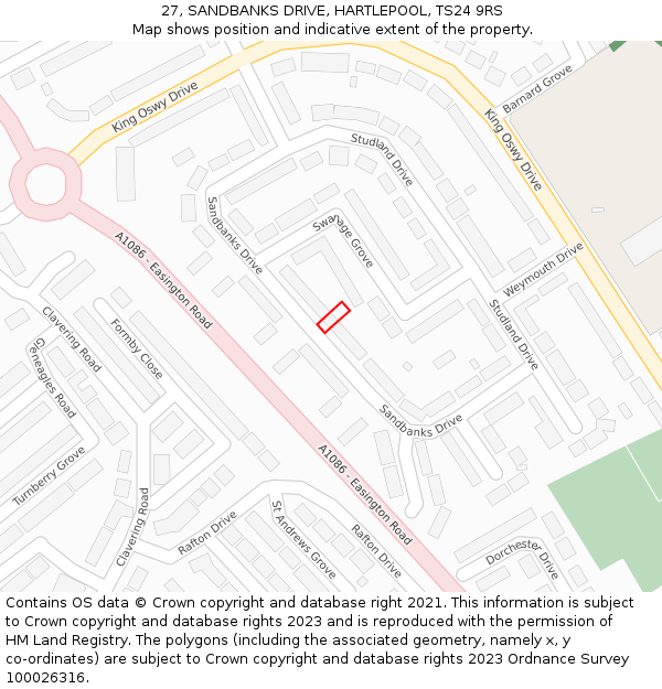 27, SANDBANKS DRIVE, HARTLEPOOL, TS24 9RS: Location map and indicative extent of plot